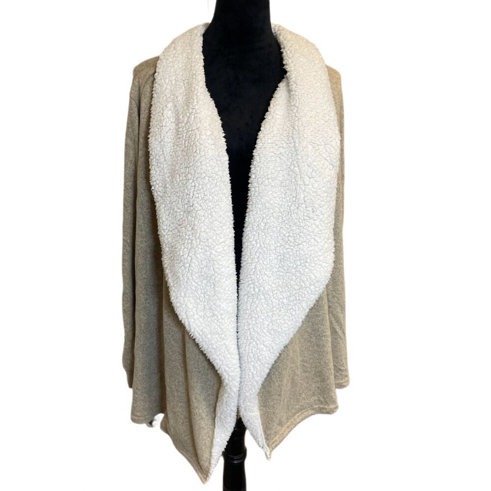 Kristin Nicole Women's 2X Tan Sherpa Shawl Collar Open Drape Cardigan Sweater